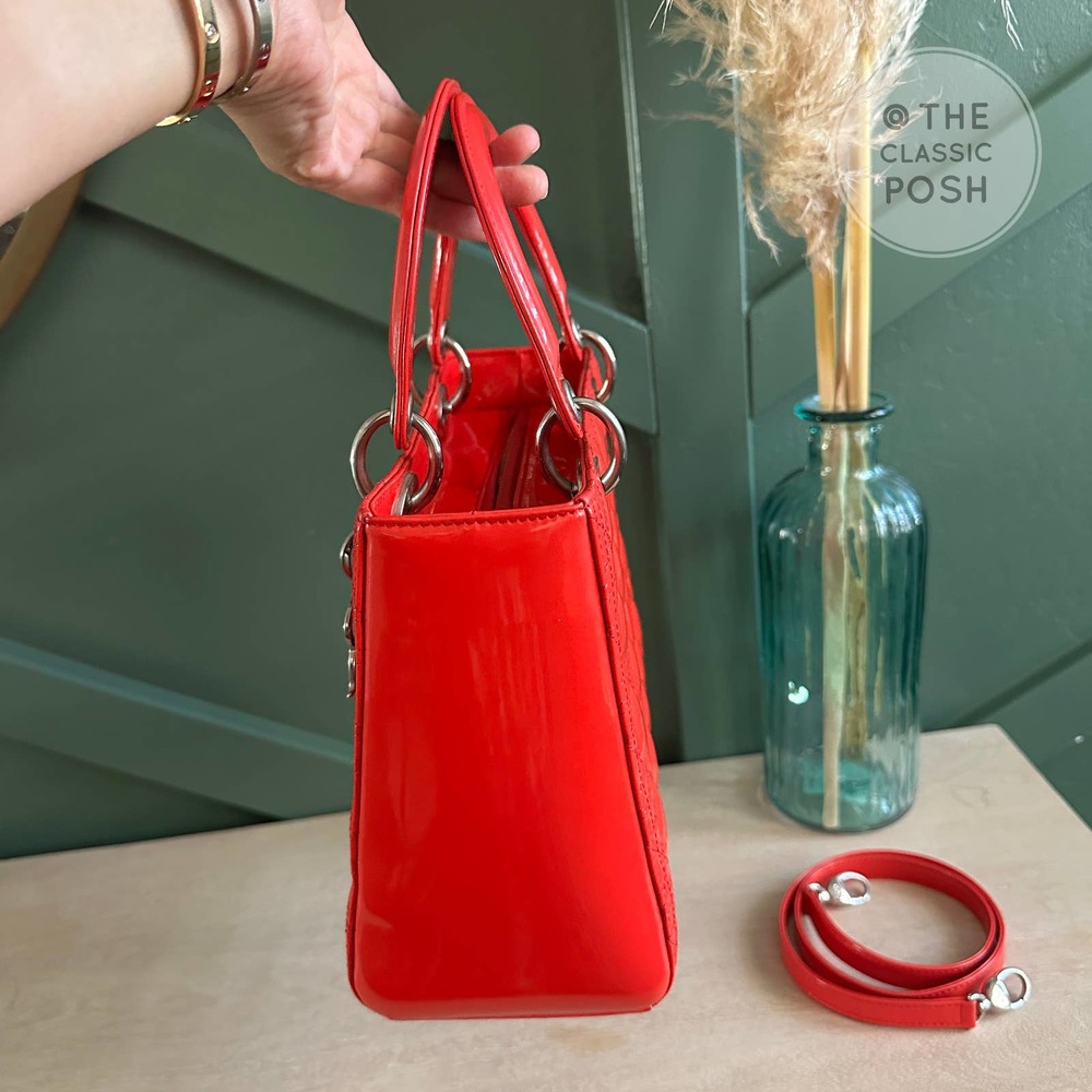 ❌SOLD❌EUC Christian Dior Lady Medium Patent Red Orange Silver HW - Picture 5 of 16